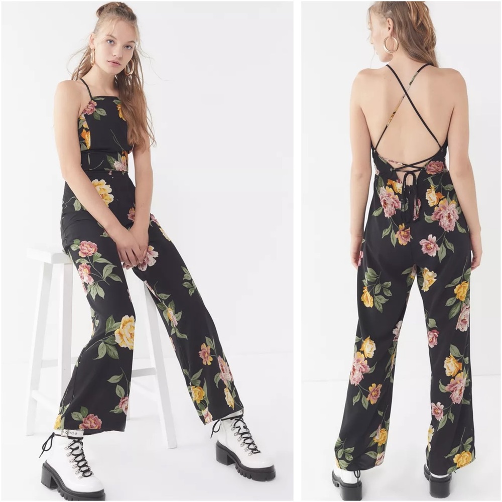 UO Black Large Floral Print Lace Up Back Jumpsuit